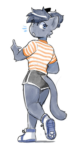 anthro arm_tuft athletic_wear black_bottomwear black_clothing black_shorts blue_body blue_ears blue_eyes blue_fur blue_hair blue_tail bottomwear breasts clothed clothed_anthro clothed_female clothing dolphin_shorts elbow_tuft emanata eye_through_hair female female_anthro fingers footwear fur furgonomic_bottomwear furgonomic_shorts furgonomics grey_bottomwear grey_clothing grey_shorts gym_bottomwear gym_shorts hair looking_back open_mouth pattern_clothing pattern_shirt pattern_topwear rear_view shirt shoes shorts simple_background solo striped_clothing striped_shirt striped_topwear stripes tail tied_hair topwear translucent translucent_hair tuft white_background white_sclera conditional_dnp sonokido ventura_city_drifters alina_scratch domestic_cat felid feline felis mammal russian_blue 2024 colored english_description full-length_portrait hi_res portrait