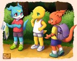 anthro bag bottomwear clothing group hiking male shorts walking young fultemounte bandai_namco digimon agumon digimon_(species) guilmon scalie veemon