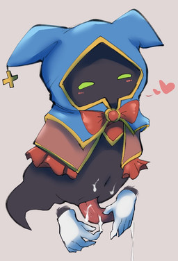 animal_genitalia anthro black_body blush bodily_fluids bow_tie clothing cum cum_drip cum_on_penis cum_on_self cum_string disembodied_hand dripping erection frilly frilly_clothing genital_fluids genital_slit genitals gloves hand_on_penis handwear heart_symbol hood looking_pleasured male navel penis simple_background solo tapering_penis doneru ghost spirit