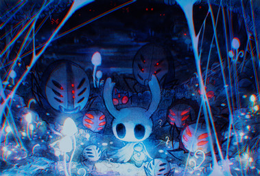2_horns 6_eyes ambiguous_gender black_eyes bodily_fluids fungus glowing glowing_fungus glowing_mushroom group holding_lamp horn lamp looking_at_another mask multi_eye mushroom question_mark red_eyes spider_web sweat sweatdrop blipbugbug hollow_knight_(franchise) team_cherry the_knight_(hollow_knight) vessel_(species) weaver_(hollow_knight) 2025 absurd_res hi_res