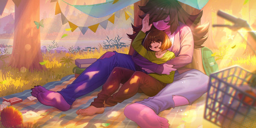 adolescent adolescent_on_adolescent anthro backpack barefoot basket bicycle book bottomwear brown_bottomwear brown_clothing brown_hair brown_pants card clothed clothing container denim denim_bottomwear denim_clothing duo eyes_closed feet female flower hair holding_each_other human_on_anthro interspecies jeans larger_female male male/female pants picnic picnic_basket plant purple_body purple_skin river romantic romantic_couple size_difference smaller_male smile suit_symbol torn_bottomwear torn_clothing torn_pants vehicle young aruurara deltarune undertale_(series) kris_dreemurr susie_(deltarune) arthropod butterfly human insect lepidopteran mammal reptile scalie 2025 hi_res