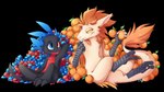 anthro duo food fruit gem hoard male orange_(fruit) plant ruby_(gem) sapphire_(gem) tail blazemizu mythology corops_blackscale rithvik chimera dragon mythological_creature mythological_scalie scalie wingless_dragon 16:9 widescreen