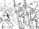 anthro big_penis bottomwear breasts clothing female genitals group humanoid_genitalia humanoid_penis loincloth male nipples non-mammal_nipples penis speech_bubble totalgary kobold scalie 4:3 monochrome