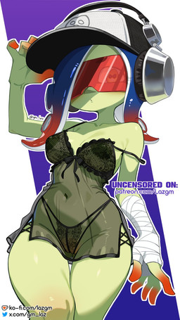babydoll baseball_cap big_breasts bra breasts clothing electronics female genitals green_body green_skin hat headgear headphones headwear lace_bra lace_panties lingerie looking_at_viewer nightgown not_furry pseudo_hair solo tentacle_hair tentacles thigh_gap translucent translucent_clothing underwear visor vulva gm_laz nintendo splatoon acht_(splatoon) aquatic cephalopod humanoid mollusk octarian octoling 9:16 hi_res