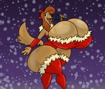 anthro big_breasts bow_ribbon breasts christmas_clothing clothing electronics female holidays huge_breasts hyper hyper_breasts microphone purple_background red_clothing simple_background singing snow snowing solo thick_thighs luxioboi22 christmas disney the_fox_and_the_hound dixie_(tfath) canid canine canis domestic_dog mammal absurd_res hi_res