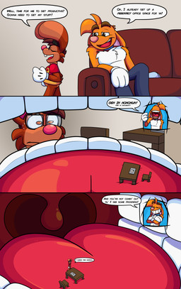 3_toes 4_fingers anthro big_grin big_tongue bottomwear cartoon_gloves clothing collar duo feet fingers inside_mouth macro male male/male mawplay micro open_mouth pants red_tongue size_difference soft_vore tail text toes tongue toony uvula vore doggydog doggydog_(character) roderick_(tamerkoh) toon_doggydog_(doggydog) canid canine canis domestic_dog lagomorph leporid mammal rabbit absurd_res comic english_text hi_res