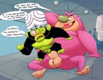 anal anal_penetration balls belly duo genitals humanoid_genitalia humanoid_penis male male/male overweight overweight_male penetration penis pink_belly pink_body text leothelionel cartoon_network powerpuff_girls fuzzy_lumpkins mojo_jojo ape haplorhine mammal monster primate english_text hi_res