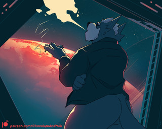 anthro black_nose bottomless butt cheek_tuft cigarette clothed clothing facial_tuft fur grey_body grey_ears grey_fur grey_tail hair holding_cigarette holding_object inside male male_anthro overweight overweight_anthro overweight_male planet short_hair smoke smoking solo standing star tail text tuft white_hair window chocolateandmilk nintendo star_fox wolf_o'donnell canid canine canis mammal wolf hi_res url