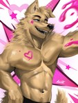 abs anthro biceps bottomwear brown_eyes clothing fur hair heart_symbol male muscular muscular_male open_mouth paint pants pecs shirtless_male smile solo standing star teeth yellow_body yellow_fur lumii i_think_i_like_you ray_(i_think_i_like_you) bird_dog canid canine canis domestic_dog golden_retriever hunting_dog mammal retriever 3:4 absurd_res digital_media_(artwork) hi_res