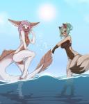 anthro beach bikini breast_size_difference breasts brown_body brown_fur clothing detailed_background duo eyewear female flat_chested fur glasses hair long_ears long_tail outside partially_submerged pink_eyes pink_hair seaside sky small_breasts smile swimwear tail teal_hair two-piece_swimsuit water waterline_view white_body white_fur fruitbloodmilkshake fatima meeka_rose dra'essa felid mammal absurd_res hi_res