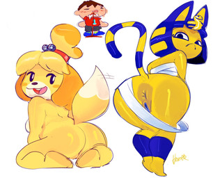 anthro anus bandage big_butt black_eyes black_nose blood blue_body blue_eyes blue_fur blue_hair blush blush_stickers bodily_fluids butt dipstick_tail eyelashes female floppy_ears fur genitals group hair looking_at_viewer looking_back looking_back_at_viewer lop_ears male markings nosebleed nude open_mouth open_smile rear_view short_hair simple_background smile striped_markings striped_tail stripes tail tail_markings thick_thighs trio uraeus vulva white_background white_body white_fur wide_hips yellow_body yellow_fur homar_simpleton animal_crossing nintendo ankha_(animal_crossing) isabelle_(animal_crossing) villager_(animal_crossing) canid canine canis domestic_cat domestic_dog felid feline felis human mammal shih_tzu toy_dog hi_res