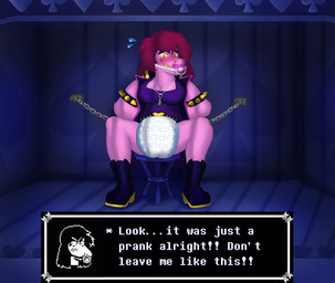 anthro biped blush bound chain chained clean_diaper clothed clothing detailed_background dialogue dialogue_box diaper female furniture gag inside pacifier pacifier_gag shirt sitting solo stool text topwear wearing_diaper tysuga deltarune undertale_(series) susie_(deltarune) 2021 english_text