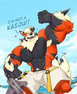 abs anthro barazoku biceps big_muscles big_pecs blue_eyes bottomwear bulge cheek_tuft city clothed clothing facial_tuft fur huge_muscle huge_pecs macro male muscular muscular_anthro muscular_male pecs shorts solo spikes spikes_(anatomy) text tuft oinu_kori nintendo pokemon kori_(oinu_kori) arcanine canid canine generation_1_pokemon generation_7_pokemon hybrid lycanroc mammal pokemon_(species) absurd_res digital_media_(artwork) english_text hi_res