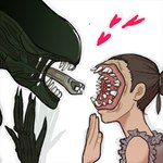 black_body black_skin brown_hair female hair hair_bun heart_symbol simple_background tongue_mouth white_background tikipork alien_(franchise) the_cabin_in_the_woods sugarplum_fairy_(tcitw) alien humanoid monster monstrous_humanoid xenomorph 1:1 low_res