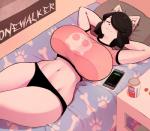 anthro bed bedroom beverage big_breasts black_hair blush blush_stickers breasts cellphone clothed clothing ear_piercing electronics eyes_closed female furniture hair hair_over_eye hands_behind_head huge_breasts inside lying midriff navel nipple_outline on_back on_bed one_eye_obstructed panties phone piercing short_hair soda solo text tight_clothing underwear wide_hips theycallhimcake pepsi spotify maggie_applebee canid canine canis domestic_dog mammal 2018 digital_media_(artwork) english_text hi_res