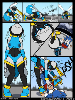 antennae_(anatomy) anthro areola bottomwear breasts city clothing duo eyeshadow female footwear genitals gloves handwear kick machine makeup navel nipples outside ovipositor plump_labia shirt shoelaces shoelaces_untied shoes shorts smile sneakers t-shirt text topwear vulva wings justtaylor sega sonic_the_hedgehog_(series) lilith_(blitscreet) sonic_the_hedgehog android badnik buzzbomber eulipotyphlan hedgehog living_machine mammal robot 3:4 absurd_res comic english_text hi_res