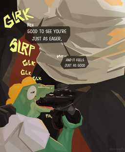 ambiguous_gender ball_grab ball_grope balls black_body black_sclera bodily_fluids clothing dialogue erection eyewear faceless_character fellatio frill_(anatomy) genitals glasses green_body hand_on_back humanoid_genitalia humanoid_penis kneeling kneeling_oral_position male male/ambiguous male/male moan multicolored_body narrowed_eyes onomatopoeia open_mouth oral penile penis saliva sex shirt simple_background sound_effects speech_bubble tail tank_top text tongue tongue_out tongue_out_fellatio topwear two_tone_body wearing_glasses yellow_frill luvamisguilty luvam_(luvamisguilty) maeryn_(luvamisguilty) demon lizard reptile scalie sleep_paralysis_demon absurd_res english_text hi_res