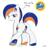 1:1 anus butt english_text equid equine female feral happy hasbro heterochromia hi_res horse looking_back mammal my_little_pony pony presenting presenting_hindquarters skitterpone smile solo text tide_pod what_has_magic_done why