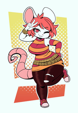 anthro breasts clothing female footwear gesture gloves hair hand_gesture handwear legwear on_one_leg one_eye_closed pantyhose pattern_clothing pattern_gloves pattern_handwear red_eyes red_hair shoes short simple_background slightly_chubby smile solo standing striped_clothing striped_gloves striped_handwear stripes tail white_body kunesco mammal murid murine rat rodent 2026 digital_media_(artwork) hi_res