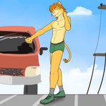 anthro blue_sky briefs briefs_only brown_hair bulge car car_bumper clothed clothing dancing eyes_closed felid footwear fuze green_briefs green_clothing green_footwear green_shoes green_underwear grey_clothing grey_footwear grey_socks grey_soles hair hand_behind_head hi_res lion lion_frat_dude_(fuze) male mammal navel nipples open_mouth outside pantherine pantsless_anthro pantsless_male pink_nose public red_car sharp_teeth shoelaces shoes sky smile socks solo street teeth teeth_showing topless underwear underwear_only vehicle white_clouds