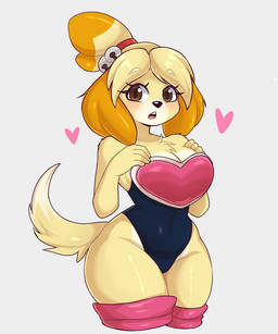 accessory alternate_costume anthro big_breasts black_nose blonde_hair blush breasts brown_eyes brown_hair chest_tuft cleavage clothed clothing cosplay costume countershade_face countershade_tail countershade_torso countershading crossover_cosplay eyelashes female fur glistening glistening_body glistening_skin grey_background hair hair_accessory heart_symbol leotard long_tail looking_at_viewer medium_hair multicolored_body multicolored_face multicolored_fur multicolored_hair multicolored_skin navel open_mouth simple_background solo tail thick_thighs tied_hair topknot tuft two_tone_body two_tone_face two_tone_fur two_tone_hair two_tone_skin white_body white_countershading white_fur white_skin wide_hips yellow_body yellow_fur yellow_skin artkett1412 animal_crossing nintendo sega sonic_the_hedgehog_(series) isabelle_(animal_crossing) rouge_the_bat canid canine canis domestic_dog mammal shih_tzu toy_dog 2022 5:6 crossover digital_drawing_(artwork) digital_media_(artwork) hi_res portrait three-quarter_portrait