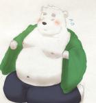 anthro belly big_belly blush bottomwear clothed clothing deep_navel eyes_closed male moobs navel nipples open_clothing open_shirt open_topwear overweight overweight_anthro overweight_male pants shirt simple_background solo topwear maron2475 utau shirane_kan bear mammal polar_bear ursine 2018