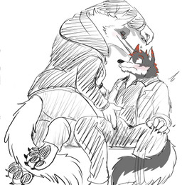anthro aroused blush bulge claws clothed clothing crouching detailed_bulge duo erection eye_contact eyewear fluffy fondling genital_outline glasses gripping_clothes groping_crotch hand_on_chest hoodie kneeling leaning_on_wall looking_at_another male male/male pawpads penis_outline red_eyes shadow sitting smile tail tail_motion tailwag teasing topwear touching_bulge ultimatellurker dreamworks puss_in_boots_(franchise) death_(puss_in_boots) fan_character canid canine canis mammal wolf hi_res