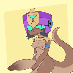 anthro balls big_breasts big_penis breasts brown_body clothing cute_fangs egyptian egyptian_clothing egyptian_headdress fangs genitals gold_(metal) gold_jewelry green_eyes gynomorph holding_own_penis holding_penis huge_penis hyper hyper_genitalia hyper_penis intersex jewelry looking_at_viewer nipples non-mammal_balls non-mammal_nipples penis solo tail teeth wide_hips aurihev_(artist) brawl_stars supercell_(company) najia_(brawl_stars) reptile scalie snake 1:1 hi_res