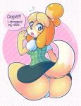 anthro biped bottomwear butt clothed clothing dialogue female fur hair looking_back open_mouth panties pattern_background pencil_skirt rear_view short_hair short_stack simple_background sitting skirt solo tail tail_under_skirt tail_upskirt text thick_thighs tongue underwear upskirt white_clothing white_panties white_underwear melangetic animal_crossing nintendo isabelle_(animal_crossing) canid canine canis domestic_dog mammal shih_tzu toy_dog 2018 english_text hi_res