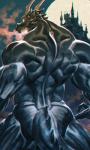 2016 3:5 anthro biceps big_muscles biped breath bright_eyes butt castle detailed digital_media_(artwork) dragon european_mythology fangs full_moon grey_body grey_scales horn huge_muscles looking_at_viewer looking_back male moon muscular muscular_anthro muscular_male mythological_creature mythological_scalie mythology night no_pupils nude open_mouth outside pose rear_view reptile scales scalie sharp_teeth solo spikes spikes_(anatomy) standing tail teeth western_dragon ymskk