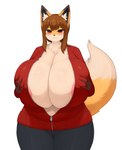absurd_res allysia_(killy) anthro areola areola_slip big_breasts breast_squish breasts brown_hair canid canine countershading curvy_figure cute_fangs dipstick_tail female female_anthro fox fur hair heart_pupils hi_res holding_breast huge_breasts inake kemono mammal markings neck_tuft orange_body orange_fur solo squish tail tail_markings thick_thighs track_jacket tuft unzipped voluptuous wide_hips zipper