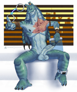 ankle_monitor anklet anthro balls burn_scar cuff_(restraint) erection feet genitals glans haillu_(anatomy) handcuffs humanoid_genitalia humanoid_penis jewelry male metal_cuffs muscular muscular_male navel nipples nude penis raphe_(anatomy) restraints scar shackles simple_background sitting solo tablet tablet_computer yellow_eyes prismanoodle star_wars topah_cloppen_(prismanoodle) alien amphibian gungan mammal otolla_gungan 5:6 hi_res