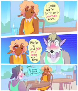 3_panel_comic anthro beverage black_nose black_text blush blush_lines bodily_fluids border brown_body brown_fur chair clothed clothing container crossdressing crossdressing_male cup detailed_background dialogue dress duo ears_down eyes_closed femboy fur furniture glass glass_container glass_cup grey_body grey_fur grey_hair hair heart_after_text heart_symbol humor inside laugh male multicolored_hair on_chair one_eye_closed open_mouth pattern_clothing pattern_dress pink_text pivoted_ears plant ponytail restaurant shirt sitting sitting_on_chair smile speech_bubble sweat table tan_hair tank_top teal_clothing teal_shirt teal_tank_top teal_topwear tears text topwear white_border white_text window yellow_clothing yellow_dress heresvix dani_(heresvix) henri_(heresvix) bovid canid canine canis caprine mammal sheep wolf 2025 comic english_text hi_res