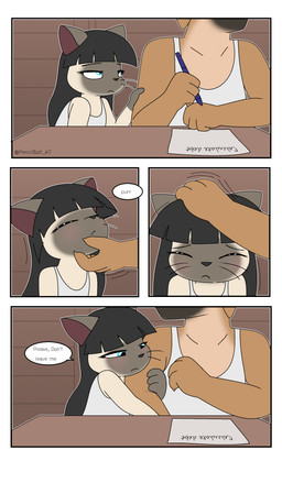 anthro big_muscles black_hair blue_eyes duo female hair hug inside long_hair male male/female muscular paper pen petting purring scratching young young_anthro young_female pencil_bolt nisa_(pencil_bolt) canid canine domestic_cat felid feline felis mammal siamese thai_ridgeback absurd_res hi_res stepparent_(lore) stepparent_and_stepchild_(lore)