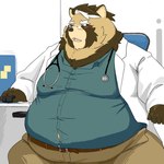 anthro belly big_belly bottomwear brown_body brown_fur chair clothing computer doctor electronics eyewear fur furniture glasses kemono male medical_instrument obese obese_male overweight overweight_male pants scientific_instrument shirt sitting solo topwear chihaku_daga canid canine mammal raccoon_dog tanuki 1:1 2024 hi_res