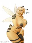 2018 antennae_(anatomy) anthro areola arthropod bee black_penis blonde_hair blue_eyes bodily_fluids breasts genital_fluids genitals gynomorph hair humanoid_genitalia humanoid_penis hymenopteran insect insect_wings intersex looking_at_viewer matoc nipples non-mammal_breasts open_mouth penis precum simple_background solo stinger text url white_background wings