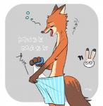 anthro bodily_fluids boxers_(clothing) brown_body brown_fur clothed clothing duo exclamation_point fur grey_body grey_fur holding_object open_mouth orange_body orange_fur question_mark side_view tan_body tan_fur tears text topless underwear yawn 327b_(artist) disney zootopia judy_hopps nick_wilde canid canine fox lagomorph leporid mammal rabbit red_fox true_fox english_text japanese_text