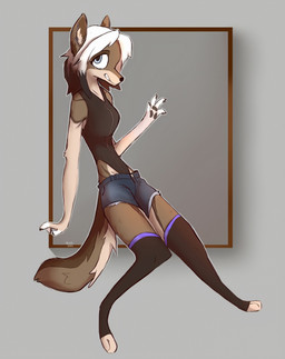 4_fingers anthro black_stocking bottomwear clothed clothing denim denim_bottomwear denim_clothing female fingers fully_clothed fur grin hair jeans pants shorts side_view slim smile solo tail teeth toeless_legwear toeless_stockings white_hair =djoyk= rensia canid mammal hi_res