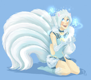 5_fingers 9_tails arms_bent bent_legs blue_background blue_body blue_clothing blue_collar blue_dress blue_eyes blue_footwear blue_pupils blue_socks breasts brown_lips cleavage clothed clothed_female clothed_humanoid clothing collar dress eyebrows fangs female fingers footwear fur_trim_(clothing) grey_eyebrows grey_hair grey_tail hair light lips logo long_tail magic magic_user markings multi_tail open_mouth open_smile pale_skin pink_inner_ear pupils red_tongue short_hair simple_background sitting slit_pupils smile socks solo sparkles tail tan_body tan_skin teeth tongue whisker_markings gaelfox league_of_legends riot_games tencent ahri_(lol) animal_humanoid canid canid_humanoid canine canine_humanoid fox_humanoid humanoid mammal mammal_humanoid 2014 absurd_res artist_logo colored digital_drawing_(artwork) digital_media_(artwork) english_description hi_res lighting shaded