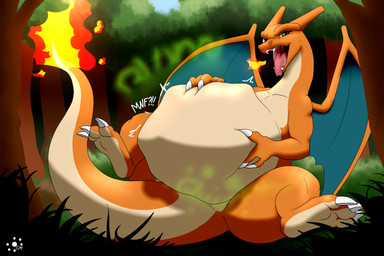 3_fingers 3_toes abdominal_bulge belly_rub blue_eyes burping_fire digestion digestion_noises feet female fingers membrane_(anatomy) membranous_wings muffled_speech onomatopoeia oral_vore solo sound_effects spread_legs spreading text toes vore wings centuremorrals nintendo pokemon charizard generation_1_pokemon pokemon_(species) 3:2