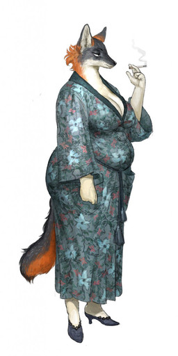 anthro bathrobe breasts cigarette cleavage clothed clothing female footwear high_heels holding_object overweight overweight_anthro overweight_female robe shoes smoking solo standing cettus ilona_spruyterveldt canid canine fox mammal 2021 hi_res