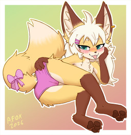 3_toes anthro blep blush bow_ribbon camel_toe clothing ear_piercing ear_ring feet female hair long_hair looking_at_viewer panties pawpads piercing ring_piercing solo teasing teasing_viewer toes tongue tongue_out underwear young young_anthro young_female conditional_dnp mr.albafox miu_(aas) canid canine fox mammal hi_res