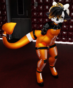 ankle_cuffs anthro barcode belt binder_(restraint) bound chastity_cage chastity_device clothing collar cuff_(restraint) hooves latex latex_clothing latex_skinsuit lock male orange_latex prison_uniform prisoner restraints skinsuit solo spade_tail tail tight_clothing bovid caprine caprine_demon demon goat goat_demon mammal absurd_res hi_res