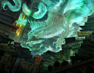 ambiguous_gender beard book bookshelf claws dutch_angle facial_hair feral fin furniture green_body horn smoke solo tail translucent translucent_body kekai_kotaki hasbro magic:_the_gathering mythology wizards_of_the_coast miirym_(magic:_the_gathering) dragon mythological_creature mythological_scalie scalie spirit 2022 hi_res official_art
