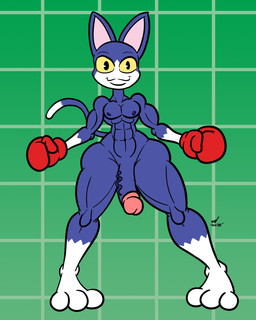 3_toes abs anthro biceps big_eyes big_muscles big_penis blue_body bottom_heavy boxing_gloves boxing_gloves_only closed_smile clothing countershade_face countershading digitigrade dipstick_tail eyebrows feet flaccid front_view genitals geometric_background gloves_(marking) gradient_background green_background grid_background handwear handwear_only humanoid_genitalia humanoid_penis leg_markings looking_at_viewer male markings mostly_nude mouth_closed multicolored_body muscular muscular_anthro muscular_male navel nipples pattern_background pecs penis pointy_ears prick_ears simple_background smile socks_(marking) solo standing tail tail_markings text thick_thighs toes two_tone_body white_body wide_hips wide_stance yellow_sclera nessvii animal_crossing nintendo tom_(animal_crossing) domestic_cat felid feline felis mammal artist_name digital_media_(artwork) flat_colors full-length_portrait hi_res portrait signature