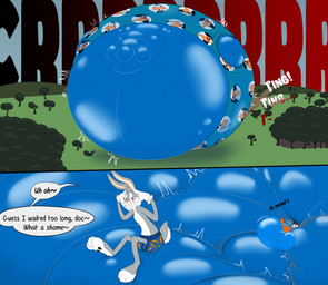 anthro belly belly_expansion belly_inflation big_cheeks blush blushing_profusely body_expansion body_inflation bottom_heavy boxers_(clothing) cheek_expansion close_to_bursting clothing duo expansion huge_cheeks hyper hyper_cheeks hyper_expansion hyper_inflation immobile inflation male male/male puffed_cheeks slime slime_inflation text turning_blue underwear wobbling unit_52_(artist) looney_tunes warner_brothers bugs_bunny daffy_duck anatid anseriform avian bird duck lagomorph leporid mammal rabbit 2026 comic english_text hi_res