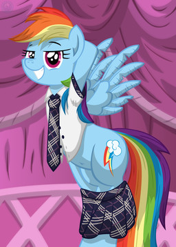 accessory bottomwear bottomwear_down clothing collared_shirt cutie_mark eyelashes feathered_wings feathers female female_feral feral flying hair half-closed_eyes looking_at_viewer multicolored_hair narrowed_eyes navel necktie rainbow_hair school_uniform shirt skirt_down smile solo spread_wings suggestive teeth topwear unbuttoned_shirt undressing_self uniform wings template93 friendship_is_magic hasbro my_little_pony mythology rainbow_dash_(mlp) equid equine mammal mythological_creature mythological_equine pegasus absurd_res cel_shading colored digital_media_(artwork) hi_res shaded