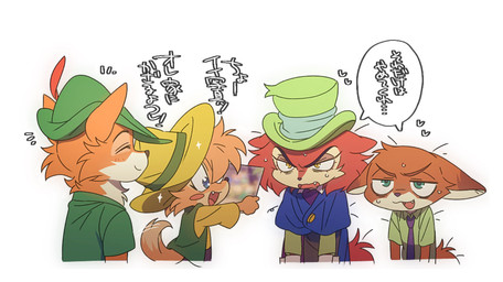 anthro black_nose chibi clothed clothing collared_shirt cute_fangs dialogue ears_back eyes_closed fangs fluffy fluffy_tail fur gloves group handwear hat headgear headwear kemono male multicolored_body multicolored_fur necktie orange_body orange_fur photo pivoted_ears pointy_ears shirt speech_bubble tail tan_body tan_fur teeth text top_hat topwear tunic two_tone_body two_tone_fur white_body white_fur saijakuonuru uochandayo disney disney's_pinocchio disney_parks robin_hood_(disney) song_of_the_south splash_mountain zootopia "honest"_john_foulfellow br'er_fox nick_wilde robin_hood canid canine fox mammal red_fox true_fox japanese_text translation_request