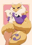 anthro big_breasts big_tail black_sclera blue_eyes breasts female fluffy fluffy_tail fur futatsudomoe simple_background solo symbol symbol_on_clothing symbol_on_thigh tail tail_hug tomoe_(symbol) white_body white_fur yellow_body yellow_fur yin_yang juzztie bandai_namco digimon canid canine digimon_(species) mammal renamon 2024 hi_res