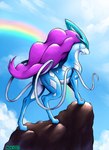 ambiguous_gender blue_body blue_sky cloud detailed_background feral lighter_belly markings mouth_closed rainbow sky solo standing sunny white_markings noki001 nintendo pokemon generation_2_pokemon legendary_pokemon pokemon_(species) suicune hi_res